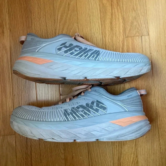 Hoka One Women’s Bondi 7 Gray Peach Orange Running Shoes - Picture 3 of 6